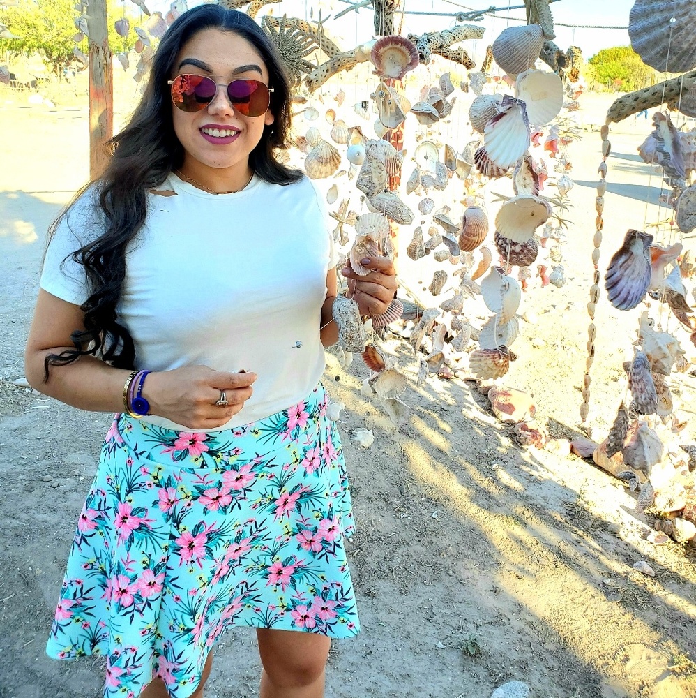 Beautiful Mint Blue Floral Round Skater Skirt Medi